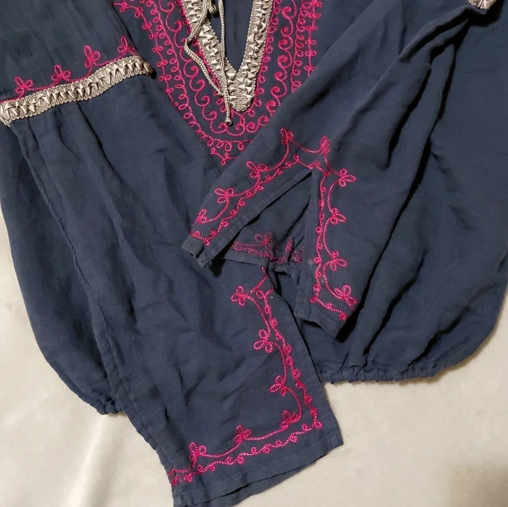 Free People Blue & Pink Boho Embroidered Ribbon Top Size XS